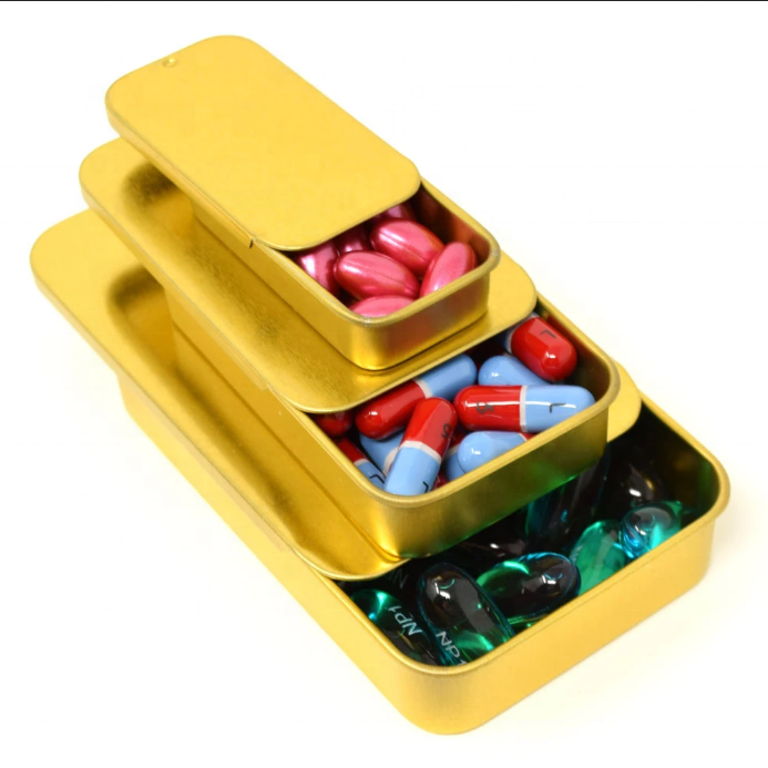 Mini candy embossed sliding tin box with slider lid for pills