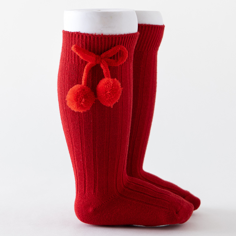 Baby Girls Knee High Socks Cotton Pompom Ribbed Red Socks