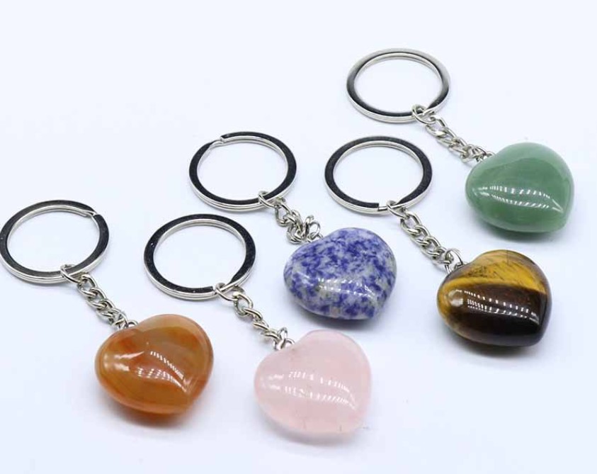 Heart Shaped Natural Stone Key Ring Crystal Tiger Eye Love Rose Quartz Keychain