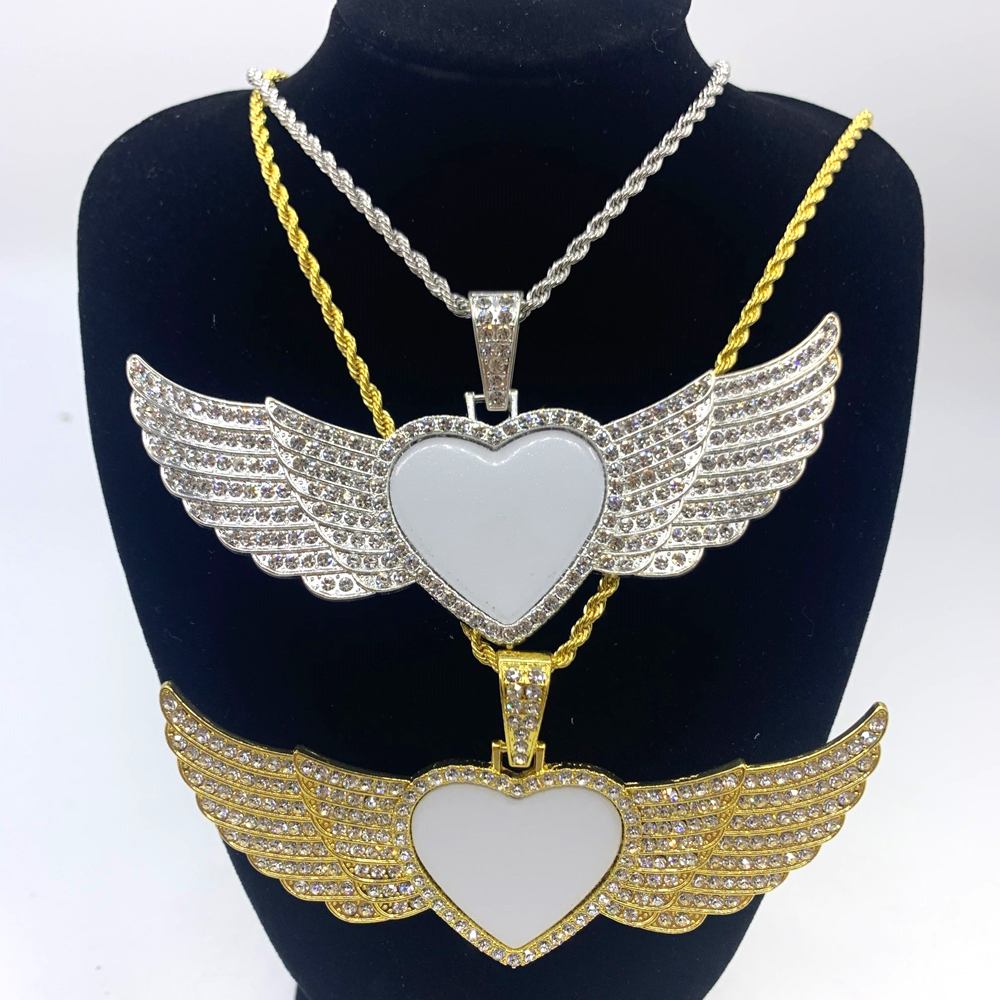 Heat Transfer Aluminum Piece Sublimation Heart Peach Shaped Angel Wings Dot Diamond Alloy Pendant Necklace