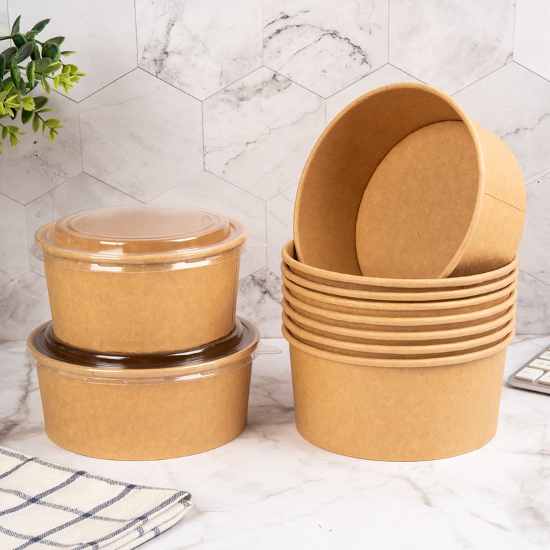 Disposable custom printing food packing box container salad bowls kraft paper bowl with lid