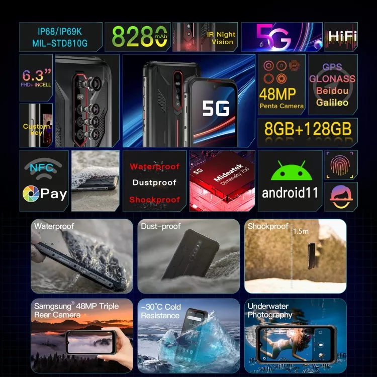 NEW ARRIVAL HOTWAVE CYBER 7 Rugged Phone 8GB+128GB 8280mAh Mobile Phones 5G Android 11 Smartphones
