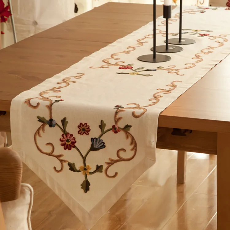 Home Decor Knitted Rectangle Traditional Chinese Style Floral Embroidery Table Runner For Guest