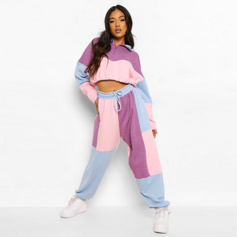 wholesale private label sweat suits 2 piece pants set patchwork jogger sweatsuit tracksuit
