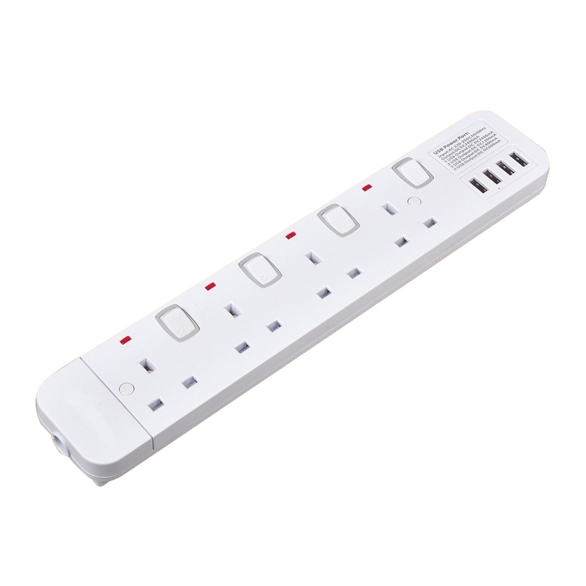 British With 4 USB Individual Switch 250V 13A UK Pin Plug And Cable 4 Sockets Extension Lead