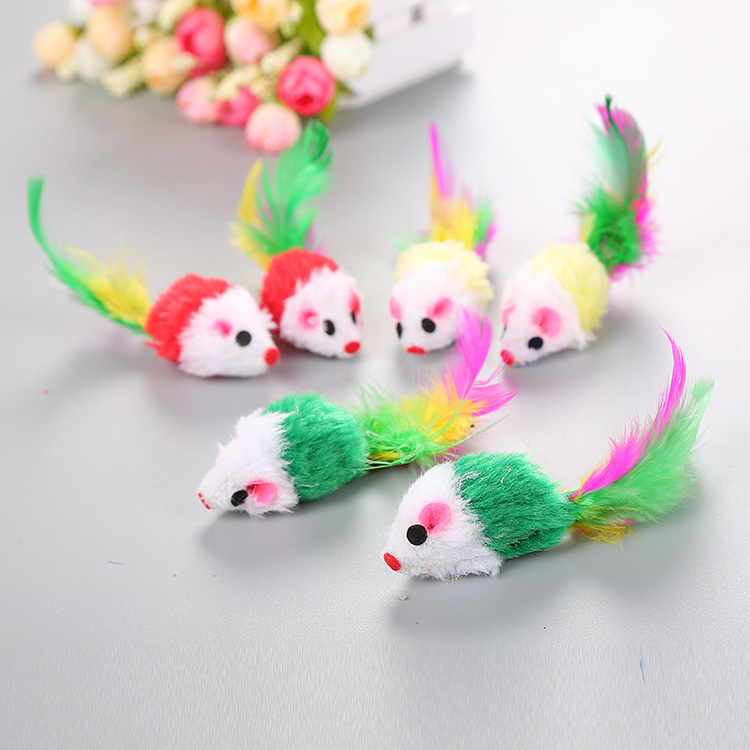 Manufacturer wholesale multi colors plush cat mouse toy with feather