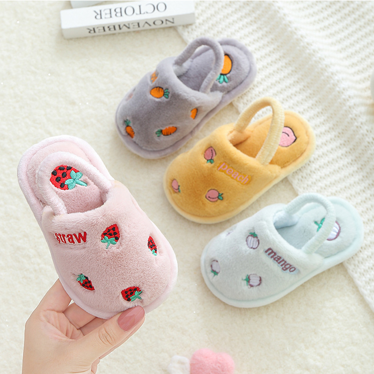 Fashion new design kids cartoon fruit plush warm slippers at home