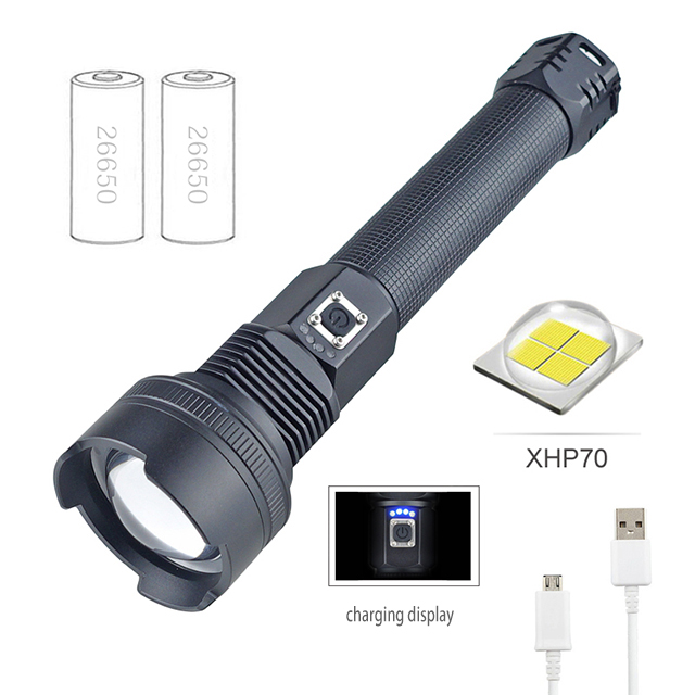 Светодиодный фонарик высокой мощности, перезаряжаемый через USB P70, масштабируемый тройной фонарик 26650