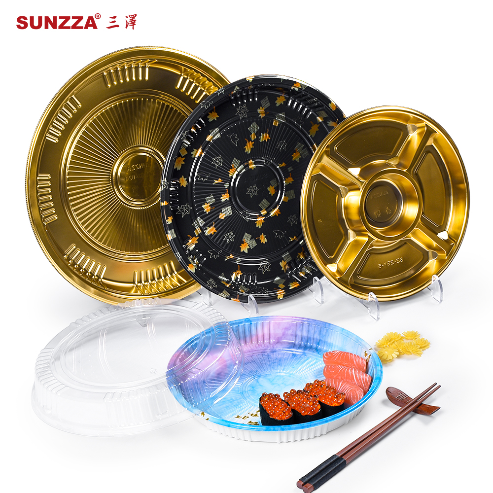 Sunzza package hot sale food grade pet clear lid blue sushi box sashimi disposable plastic round take out packaging container