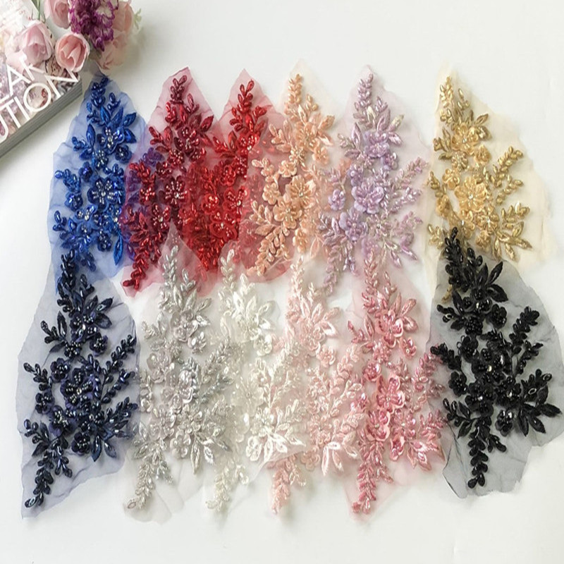 Sequin Beads 3D Flower Lace Applique Sew Patch Fabric Collar Wedding Bridal Gown Clothes Dress