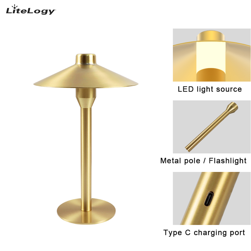 Detachable Portable Rechargeable Battery Operated Iron Gold USB Table Lamp Wth Flashlight Function