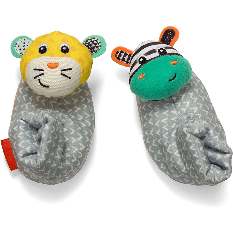 Amazon hot sell baby foot rattle plush toy infant newborn shoe with zebra and tiger for 0 3 6 9 12 month