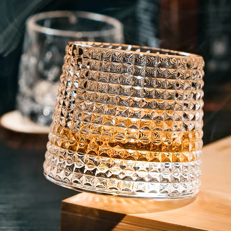 Wholesale Tilting Rolling Logo Engraved Irregular Personalized Rock Trapezoid Square Hand Blown Luxury Crystal Whiskey Glass