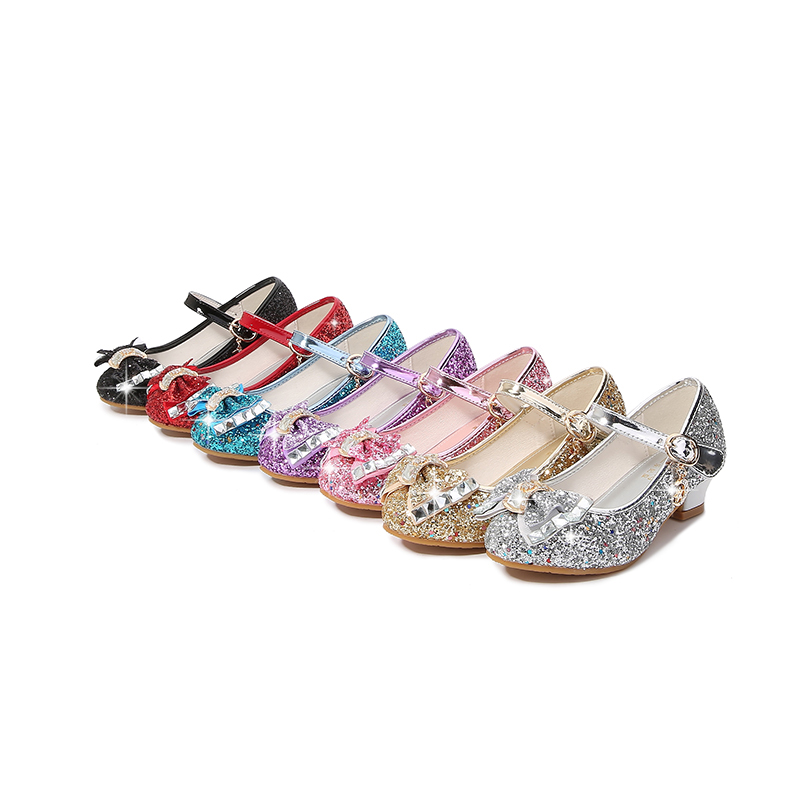 Girls' Leather Shoes High-Heeled Crystal Bow Single Shoes Catwalk Piano Show Children'S Princess Shoes