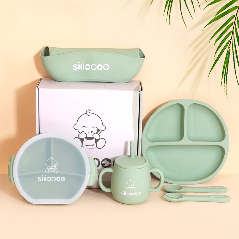 New Baby Gift Sets BPA Free Printed Logo Wholesale Training Tableware Babi Plate Bowl Bibs Products Silicone Baby Feeding Set