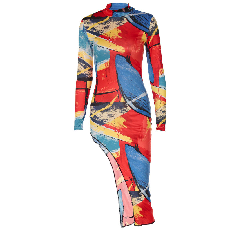 Europe and the United States cross-border women's wear 2021 new fashion printed round collar long sleeves slim dress