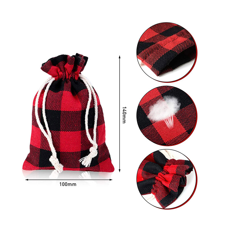 Factory custom 100% cotton gingham plaid Christmas drawstring checked Santa gift bag