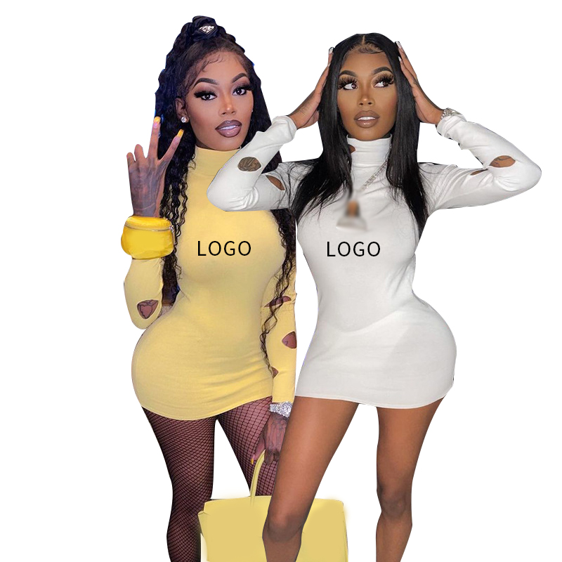 Casual Stand Collar Mini Dresses Women Long Sleeve Solid Color Bodycon Women Dresses Clubwear