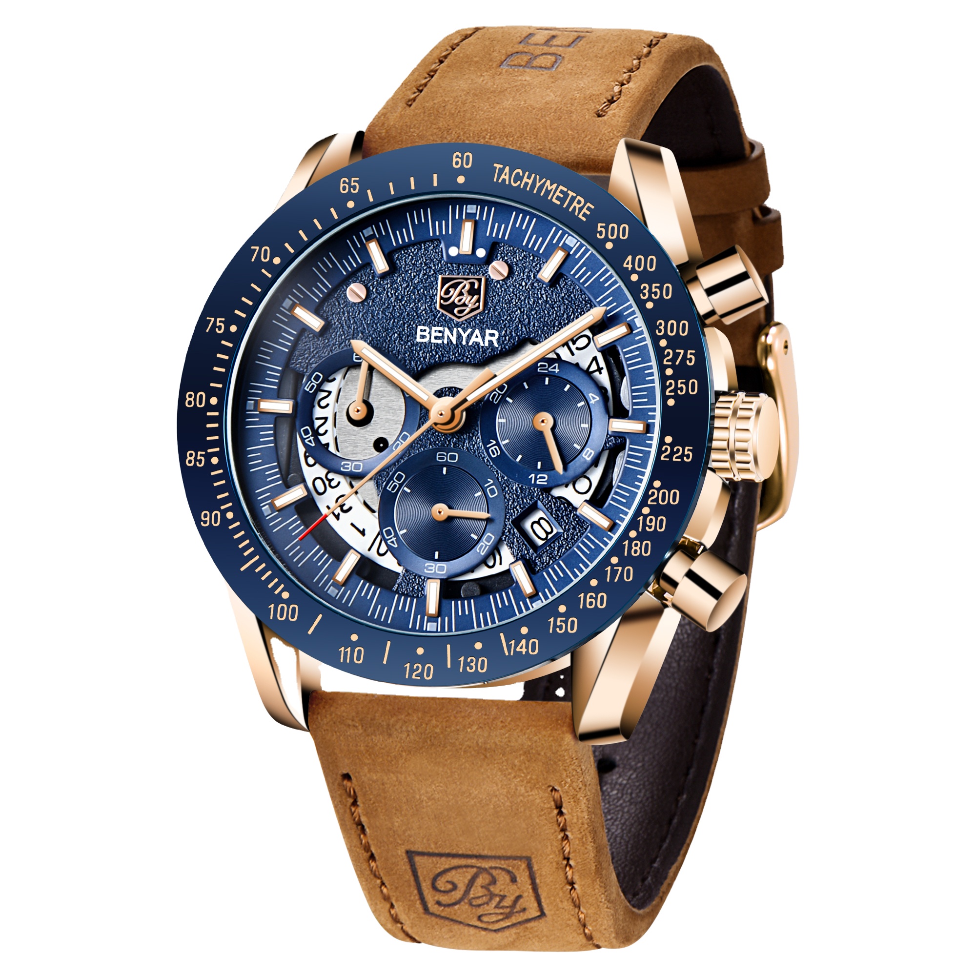 5120 оригинальные брендовые роскошные мужские наручные часы Relojes Hombre Benyar, кварцевые часы с хронографом и кожаным ремешком