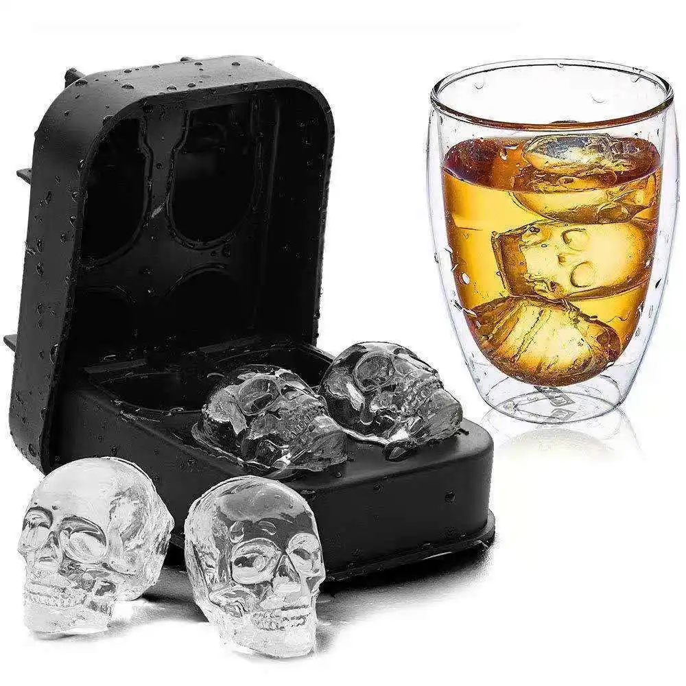 Amazon Hot 4 Cavity 3D Skull silicone flexible ice cube mold Whiskey Ice Ball Maker Reusable 3D Silicone Ice Ball Mold