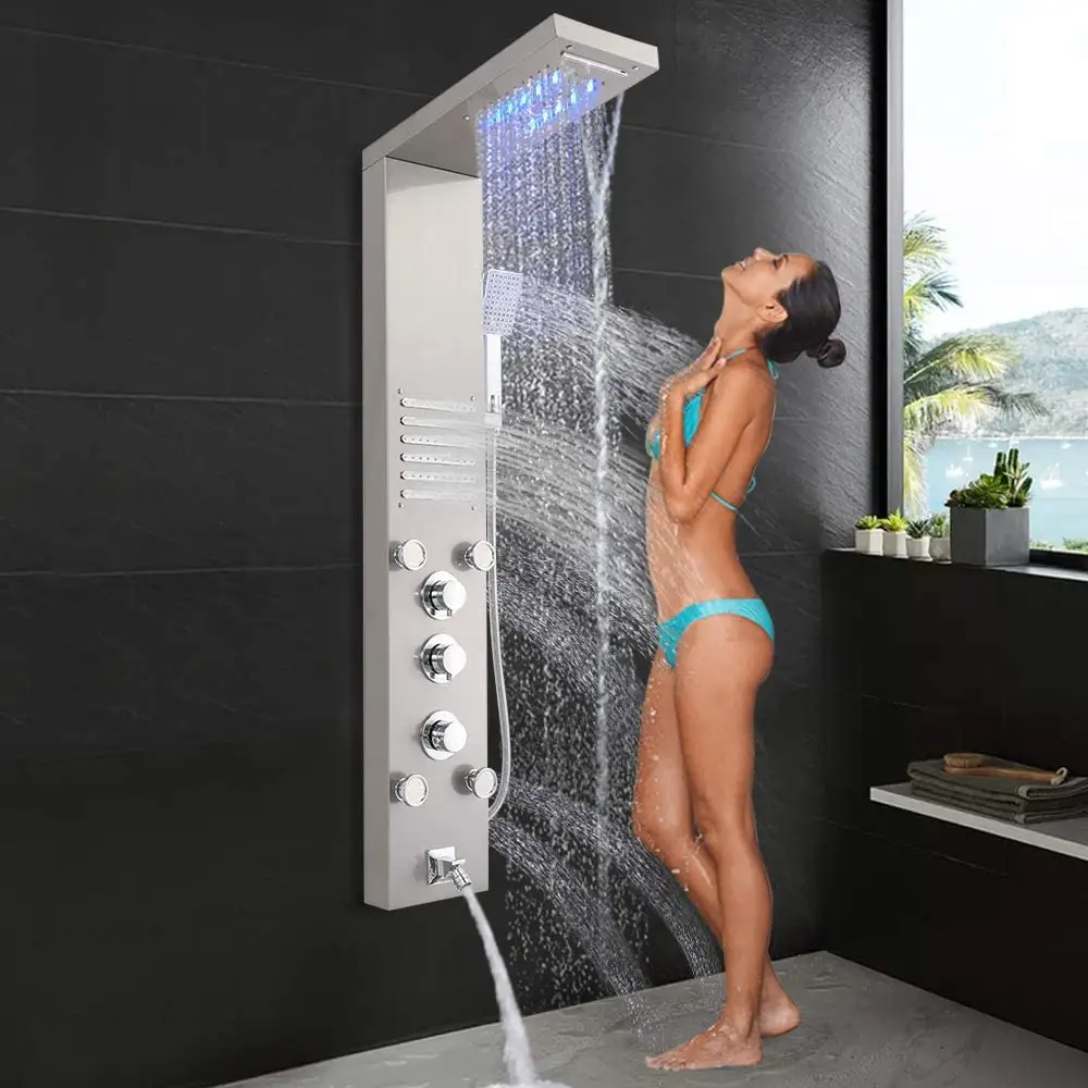 Stainless Steel Shower Panel Tower Rainfall Waterfall Massage System and Tub Spout 5 Function Bathroom Shower Fixtures