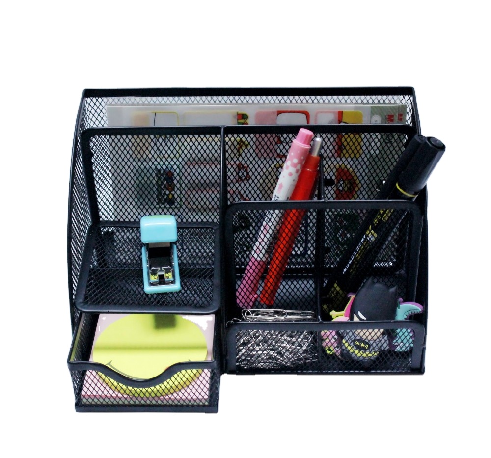 High Quality 7 Compartment Metal Mesh Table Storage Desktop Organizer Office Pen Holder
