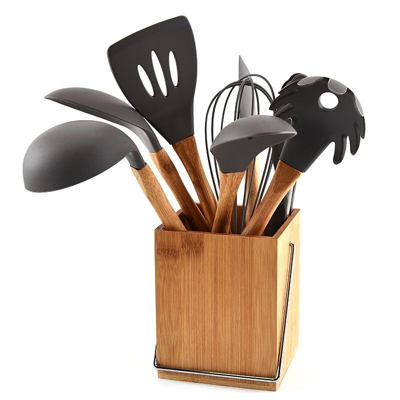 Every Kitchen Tool 8-piece Kitchen Utensil Set With Bamboo Handle And Bamboo Storage Bucket