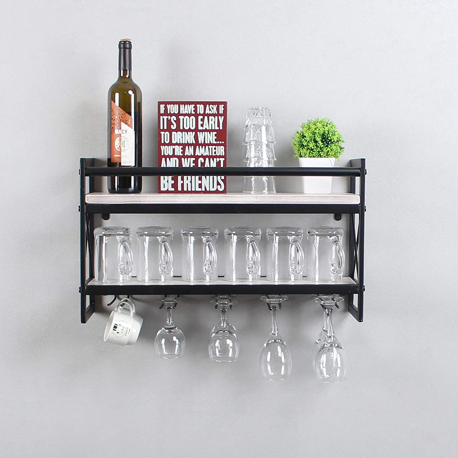 Industrial Stemware Rack,Wine Rack Wall Mounted withe Wood Shelves,2 Tir Stemware Storage Wine Glasses
