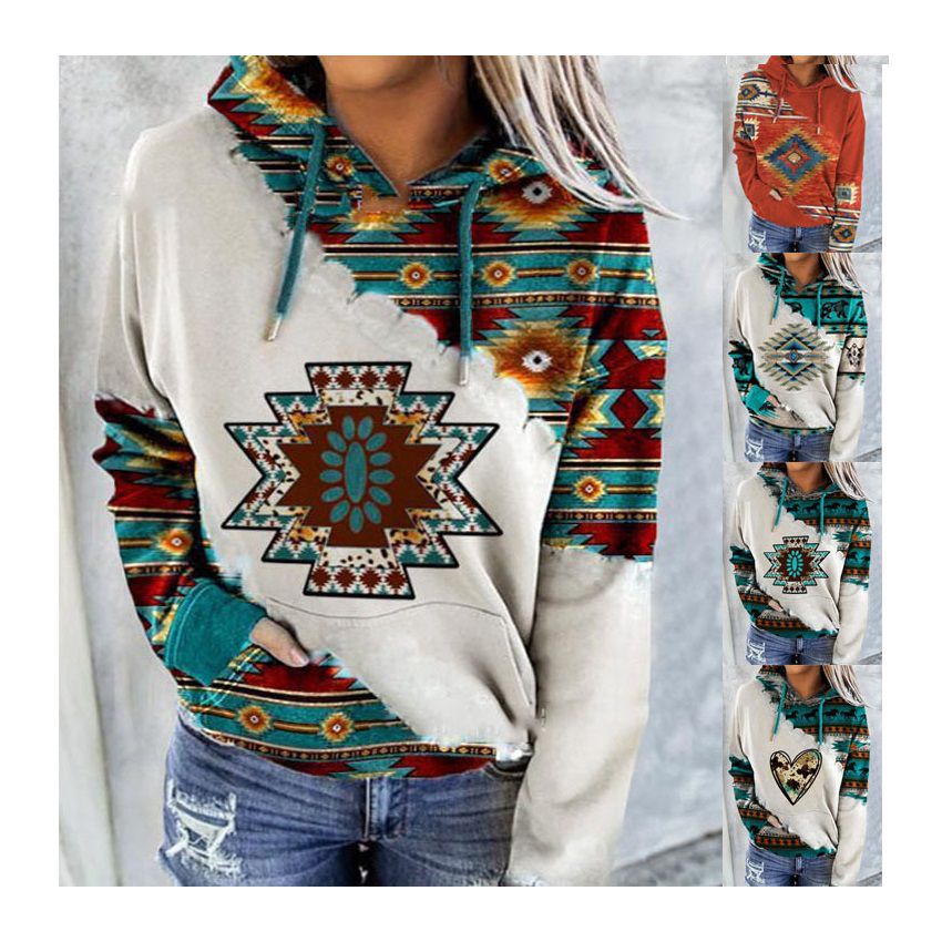 HR111 women pull over pocket pullover sweatshirt tops ethnic clothing native tribal aztec print hoodie