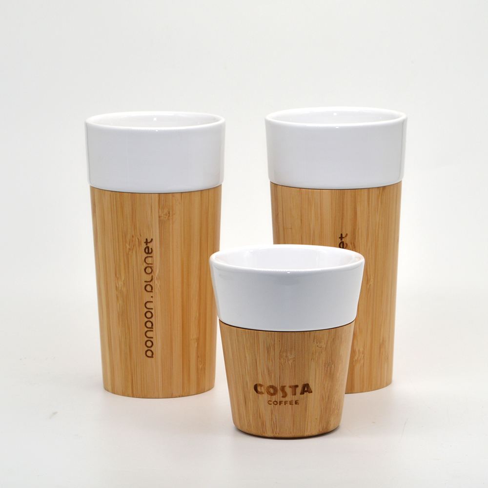 Japanese style eco-friendly cup ceramic tea set ceramic mugs with bamboo base