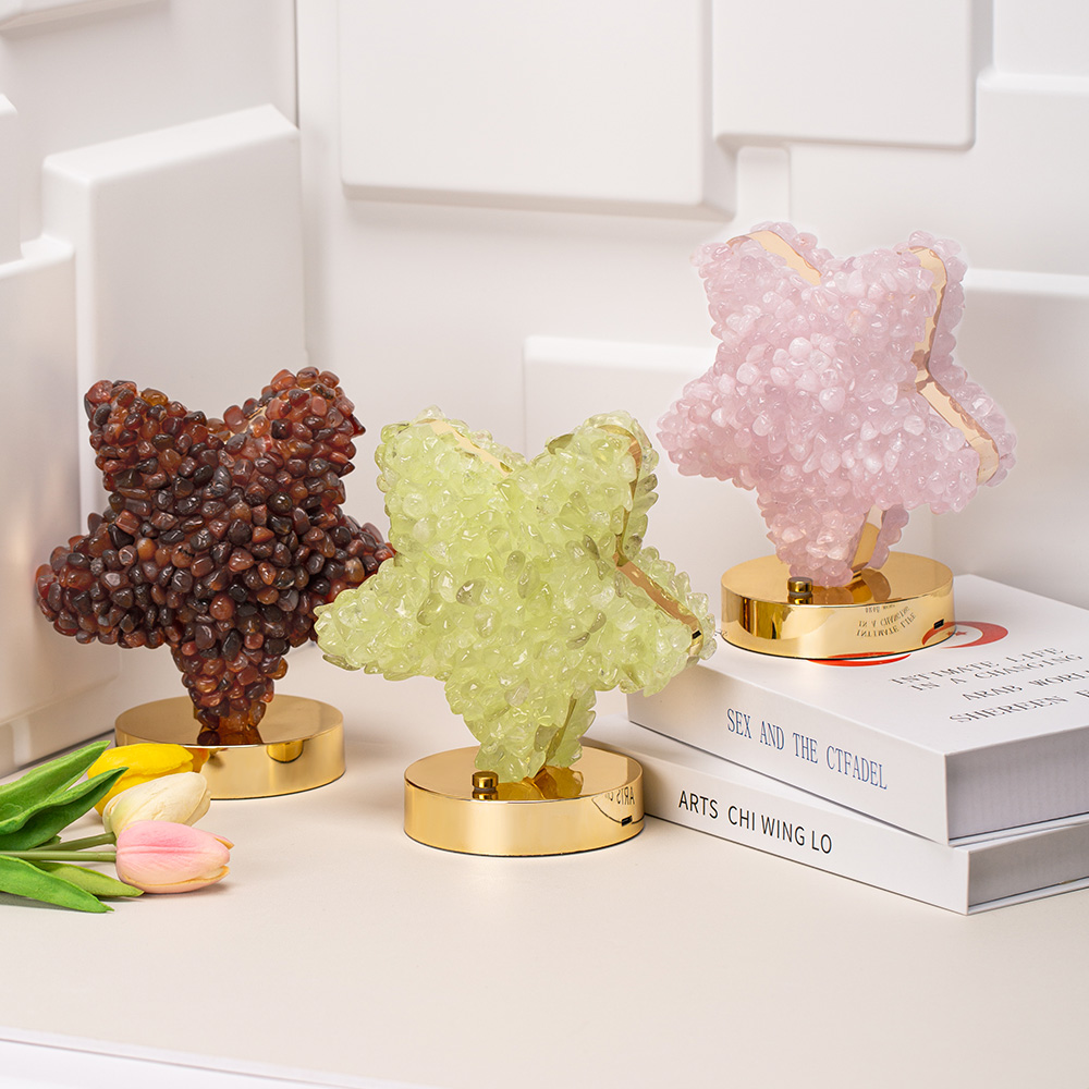 Star Shape Lamp With Natural Gemstone Decor White Crystal Moon Shape Night Light Office Home Table Lamp Healing Crystal Gift