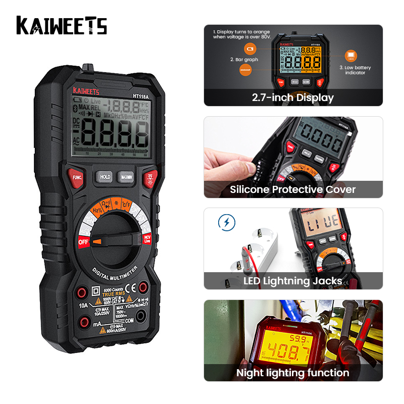 Цифровой мультиметр Ture RMS kaiweets HT118A, мультиметр с ЖК-дисплеем, многофункциональный мультиметр, тестер