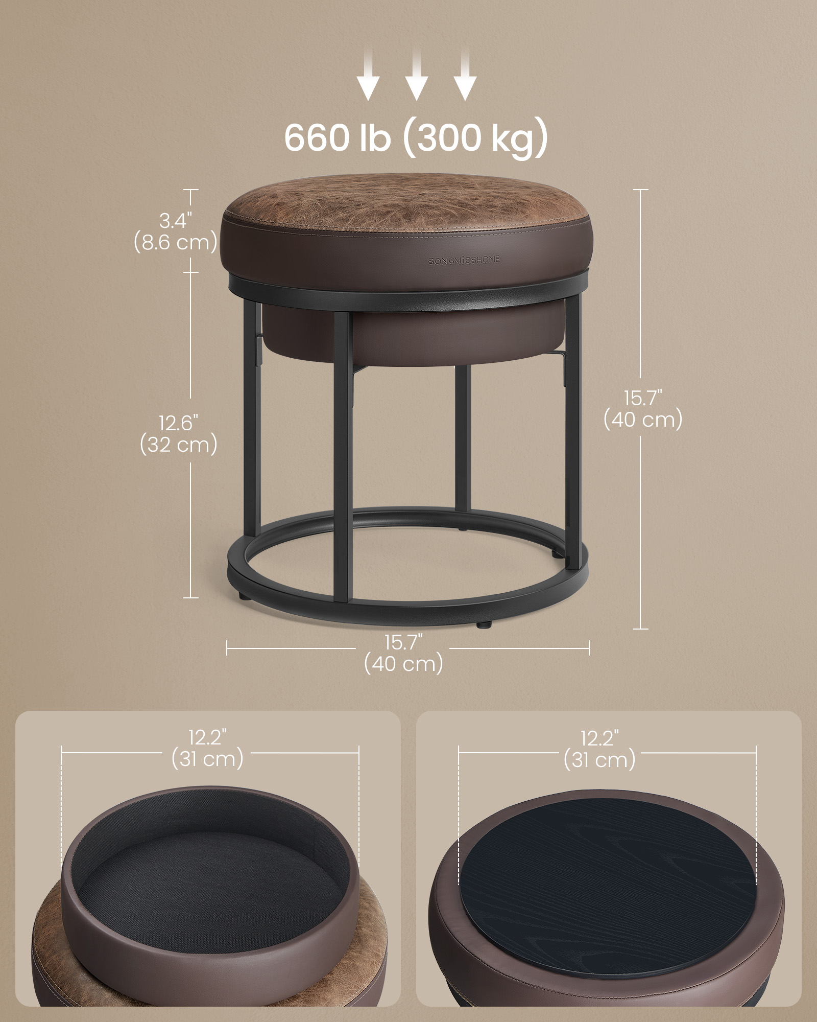 SONGMICS HOME Footstool Round Ottoman Vanity Chair Stool Footrest With Reversible Top KD Round Side End Table Coffee Table