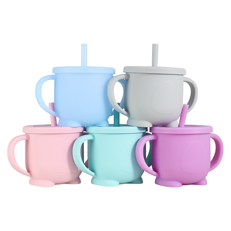 Reusable Silicone Baby Children Toddler Infant Training Straw Cup Double Handle Baby Feeding Bottle