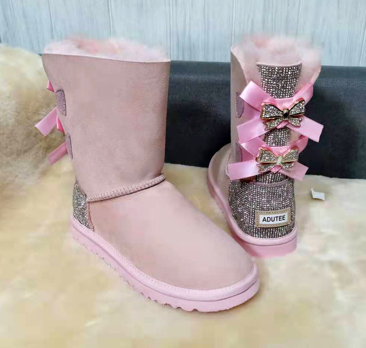 Women Reinforced Warm Shoes Fur integrated Sheepskin Ladies Non-slip Snow Boots With Rhinestone