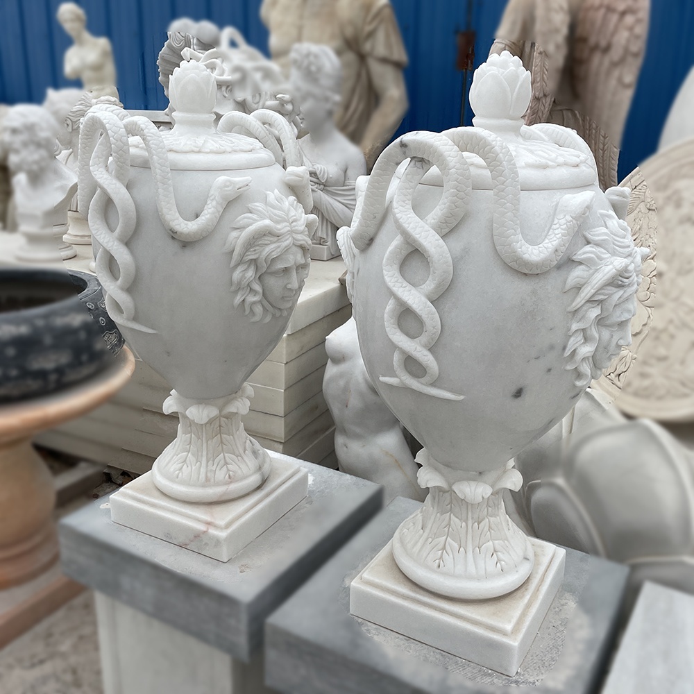 Interior Decoration Natural Marble Hand Carved Stone Vase With Medusa Statue
