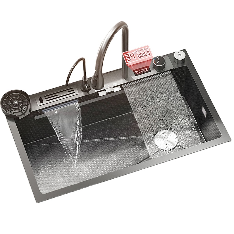 TOP1 Waterfall Kitchen Sink Digital Display Embossed Large Single-Slot Multifunctional Washbasin Utensils for Kitchen