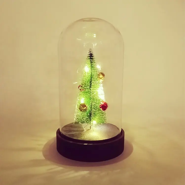 Glass Cover Wooden Base Table Stand Christmas Tree Lighted Lamp Indoor Home Decoration LED Christmas Light