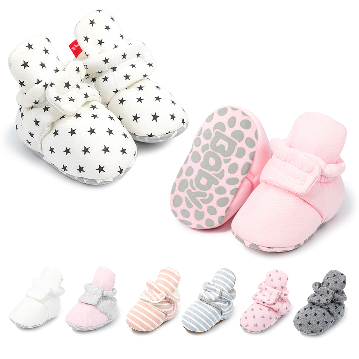 Low Moq Logo Customize Warm Cotton Fabric Stars Print 0-18 Month Baby Girl Boots Shoes Baby Booties Baby Socks Shoes