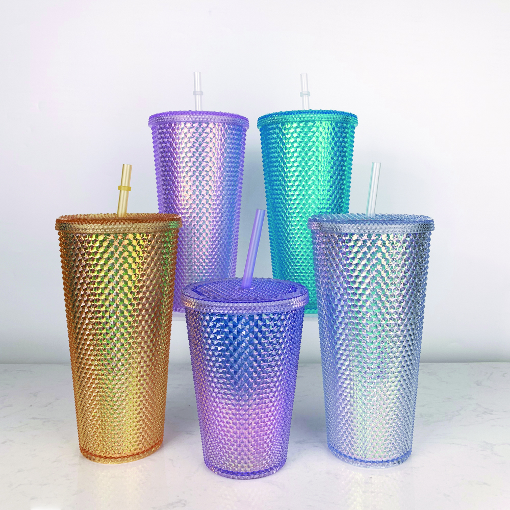 Customized Double Wall Plastic Tumbler 16oz Drinking Cups Color Studded Tumblers with Straw
