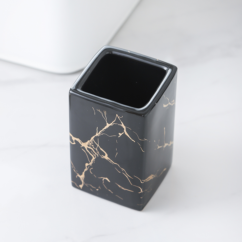 Elegant Black Marble Bathroom Accessories Set for Hotel or Home Ceramic Soap Dispenser Toothbrush Holder Tumbler and Tray