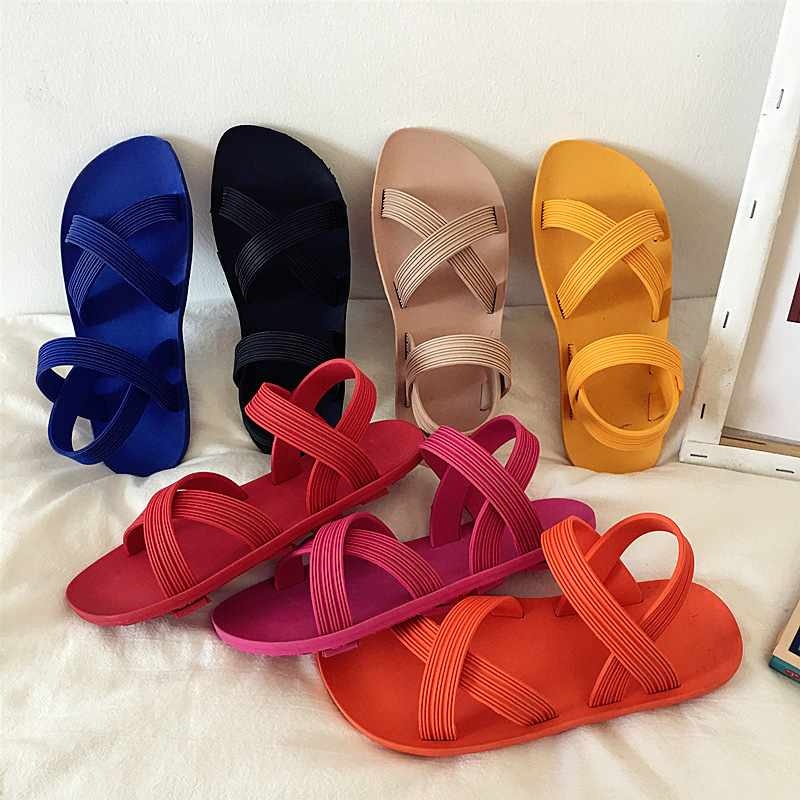LX-20 Cheap new candy color rubber sandals cross strap open toe ankle strap flat slides beach sandals