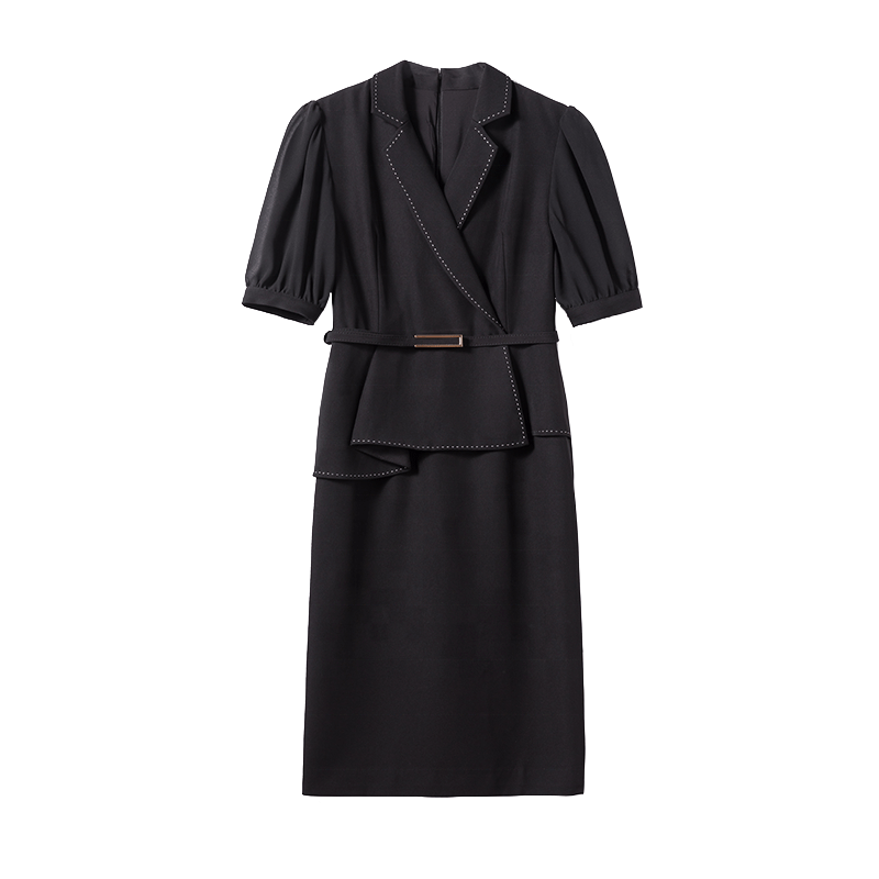Women Business wear OL dignified temperament overall one-step skirt Black suit collar fake two-piece sheath dress