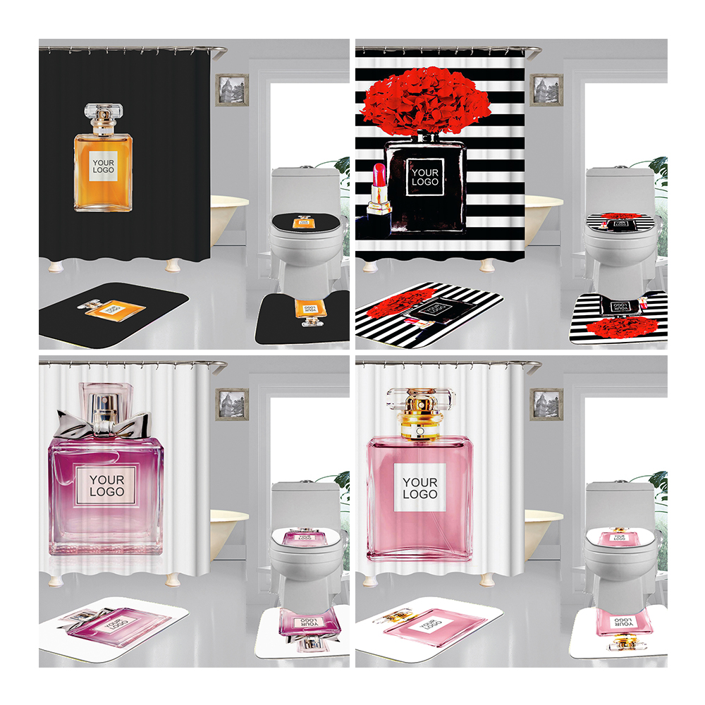 Custom Digital Printing Famous Brand Name Polyester Bathroom 4pcs Mat Set Shower Curtain Set