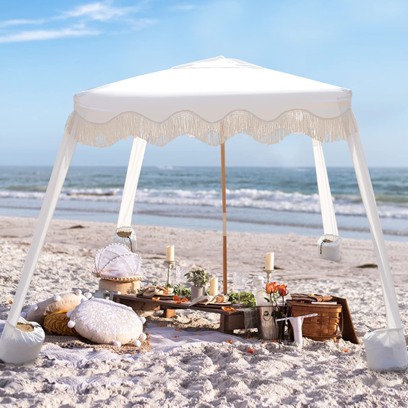 Modern Tropical Outdoor Portable Umbrella Wood Pole Beach Sun Shelter Cabana Summer With Tassels
