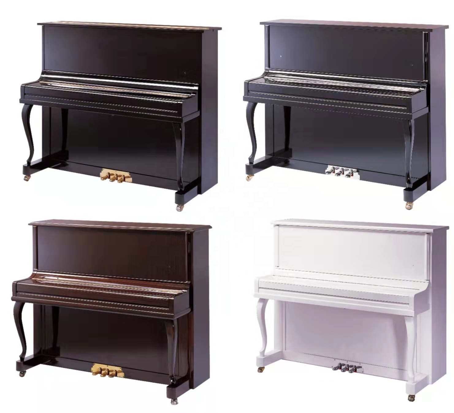 wooden upright piano with carved cylindrical leg