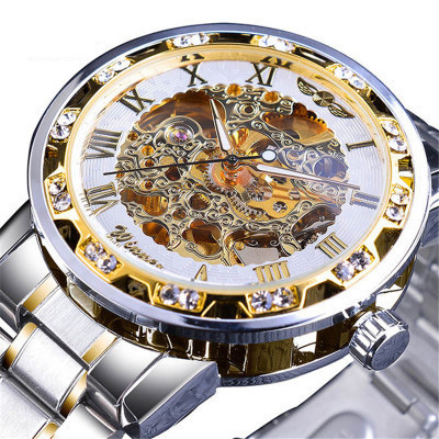 Hot Selling Business Steel Strap Hollow Curved Wave Design Men Diamante Mechanical Automatic Watch