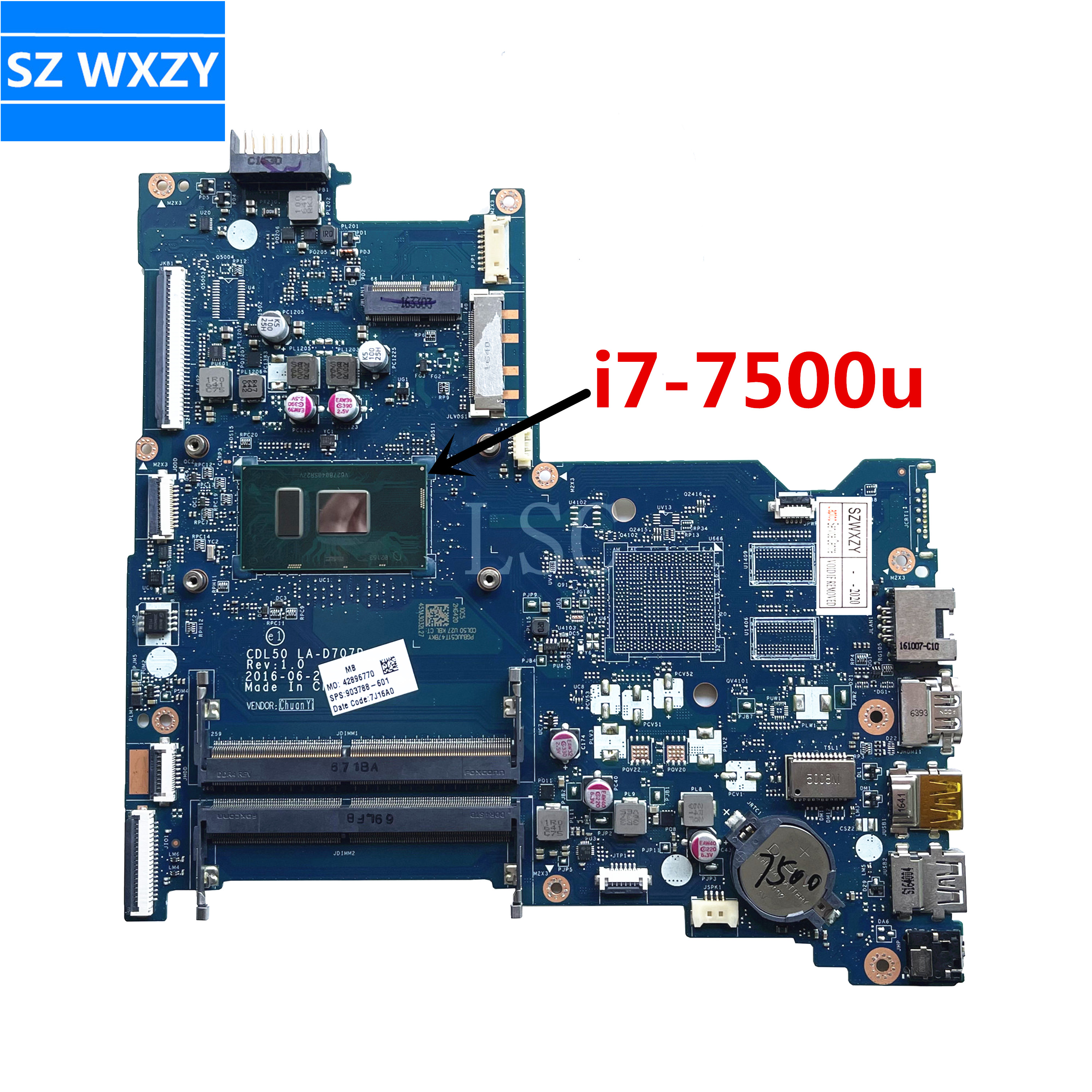 For HP 15-AY Laptop Motherboard 903786-601 903786-001 CDL50 LA-D707P With SR2ZV i7-7500u CPU DDR4 100% Tested Fast Ship