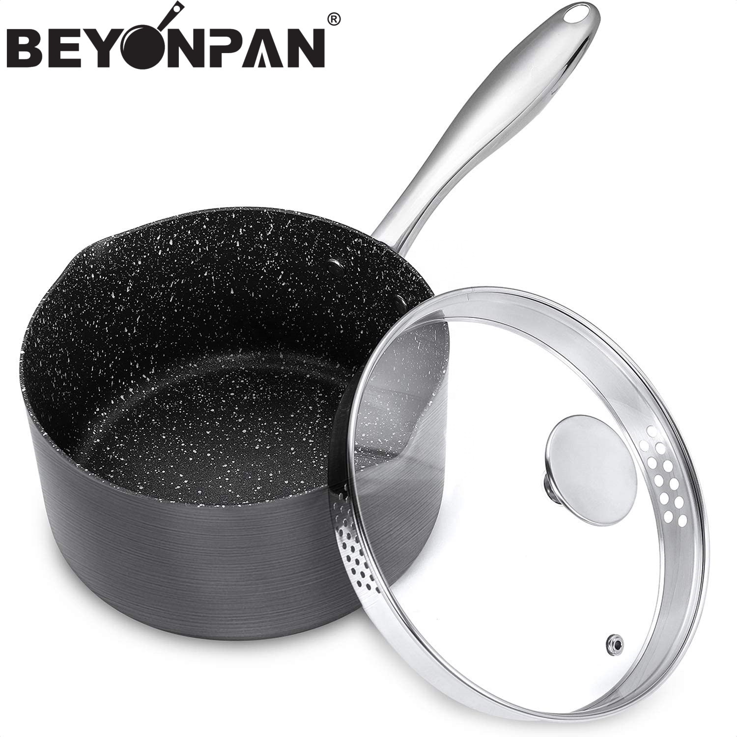 3 Quart Saucepan with Lid, Hard Anodized Sauce Pan with Straining Lid & Pour Spouts for Easy Pour, Small Granite Sauce Pan
