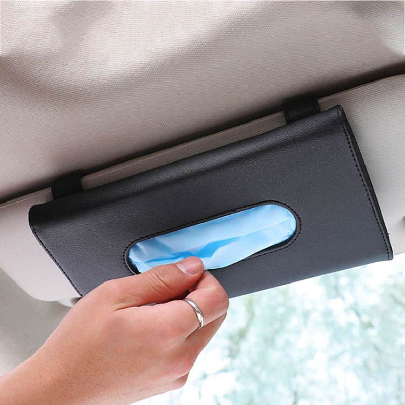 Hot sell black leather tissue box holder car Sun Visor car tissue holder